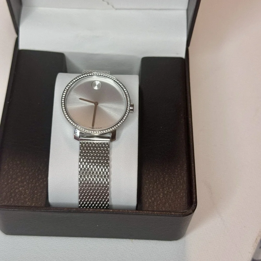 Movado Bold Women's Swiss Quartz Watch Crystal Bezel Silver Mesh Bracelet